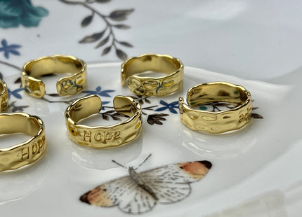 Cute Dainty Hope Ring, Gold Filled Indented Ring, Trendy Open Adjustable Circle Ring, Simple Engraved Ring #CR0042