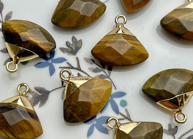Gemstone Fan Charms for Necklace, Tiger Eye, Rose Quartz, Jade Gemstone Fan Pendant for Jewelry Making, 18x19 mm, Two Pieces #CR0046