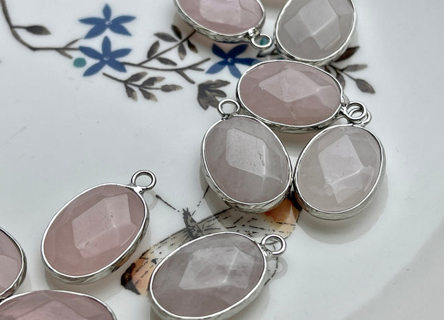 Gemstone Oval Shape Charms for Necklace, Rose Quartz Gemstone Pendant for Jewelry Making, 14x23 mm, One Piece #CR0053
