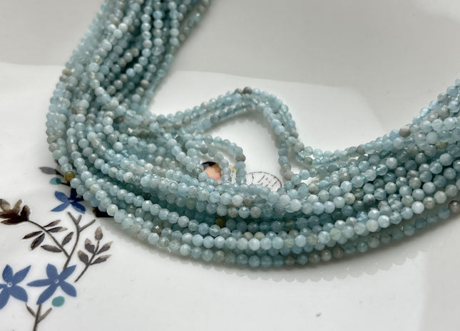 2-2.5 mm Faceted Round Tiny Mixed Multi Blue Aquamarine Gemstone Beads Genuine Natural Aquamarine Loose Beads 13 Inches Strand #4111
