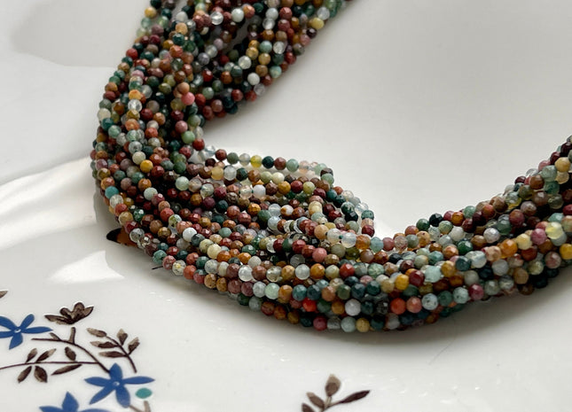 2-2.5 mm Faceted Round Tiny Mixed Multi Green Brown Ocean Jasper Gemstone Beads Genuine Natural Jasper Loose Beads 13 Inches Strand #4115