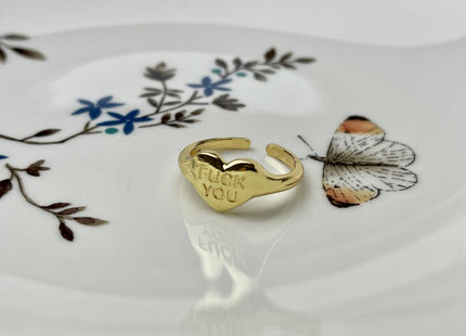 Cute Dainty Fuck You Heart Ring, Gold Filled Signet Ring, Funny and Trendy Open Adjustable Circle Ring, Simple Engraved Ring #CR0057