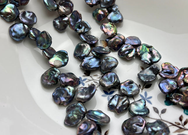 12-14 mm Rainbow Blue Peacock Color Keshi Freshwater Pearls Beads Genuine High Luster Top Drilled Peacock Keshi Cornflake Pearls #P2164
