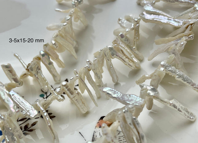 3-5x15-20 mm Natural White Irregular Biwa/Stick Genuine Cultured Freshwater Pearl Beads, Top Drilled Biwa Pearl Beads #598