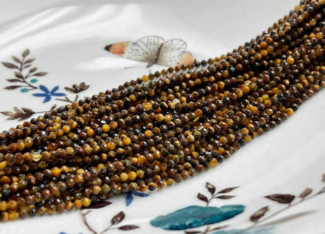 2 mm Faceted Round Tiny Brown and Yellow Tiger Eye Gemstone Beads Genuine Natural Tiger Eye Loose Beads 13 Inches Strand #4114