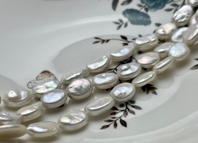 10x14-15 mm AAA Natural Freshwater Pearl Oval Coin Cultured Genuine Coin Pearl High Luster White Oval Pearl Bead #144