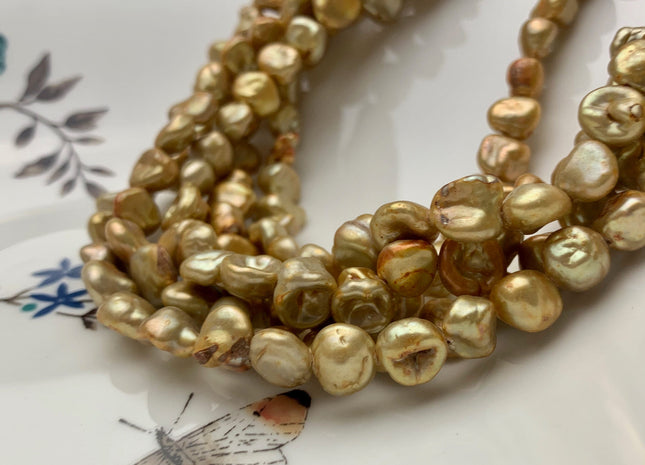 8-10 mm Gold Champagne Keshi Freshwater Pearl Beads Rare Genuine Center Drilled Nugget Keshi Freshwater Pearls 44 Pieces #P2179
