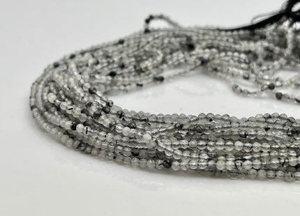2 mm Faceted Round Tiny Black and Gray Mixed Rutilated Quartz Gemstone Beads Genuine Natural Quartz Loose Beads 13 Inches Strand #4126