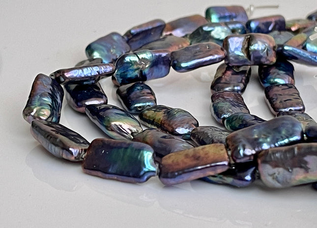 10-11x17-18mm AA Large Hole Rainbow Peacock Color Rectangle Coin Freshwater Pearl High Luster Hole Size 1.2mm 8 Inches 11 Beads #P2195