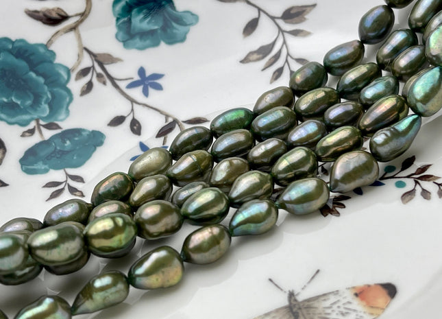 8-9 x 10-11 mm Rice Nugget Freshwater Pearl Beads in Olive Green OR Peacock Color Genuine Cultured Freshwater Pearl Nuggets #296