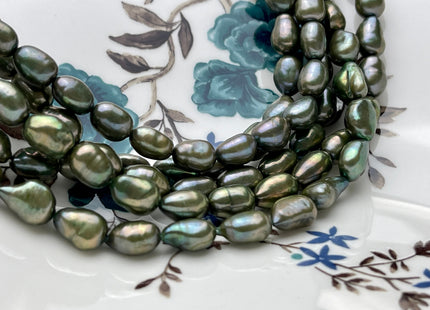 8-9 x 10-11 mm Rice Nugget Freshwater Pearl Beads in Olive Green OR Peacock Color Genuine Cultured Freshwater Pearl Nuggets #296