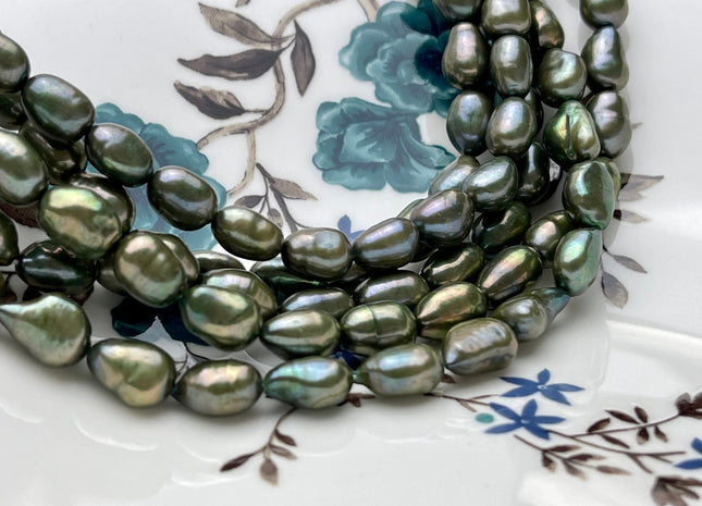 8-9 x 10-11 mm Rice Nugget Freshwater Pearl Beads in Olive Green OR Peacock Color Genuine Cultured Freshwater Pearl Nuggets #296
