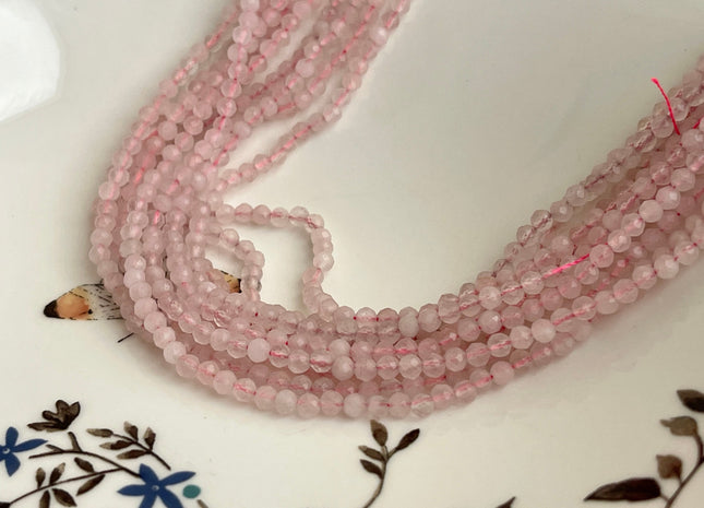 BEST DEAL 3-3.5 mm Faceted Round Tiny Rose Quartz Gemstone Beads Genuine Natural Pink Rose Quartz Loose Beads 15.5 Inches Strand #4175