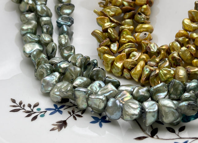 10-12 mm Green/ Gold Color Keshi Freshwater Nugget Pearl Beads Center Drilled Keshi Nuggets Genuine Keshi Freshwater Pearl C Grade #P2230