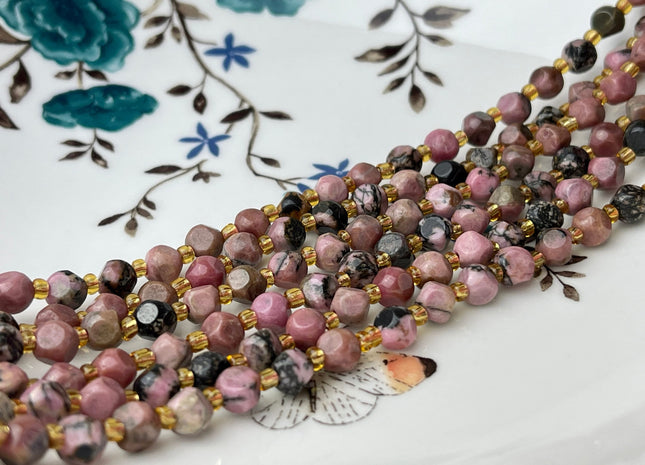 6 mm Faceted Star Cut Rhodonite Gemstone Beads Genuine Faceted Pink Rhodonite Gemstone Loose Beads 15 Inches Strand 50 Beads #4189