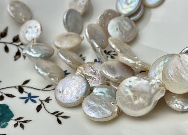 19-24 mm Large Hole Jumbo Coin White Freshwater Pearls Genuine Freshwater Coin Pearl Beads Hole Size 2.0mm 8 Inches Strand #P2232