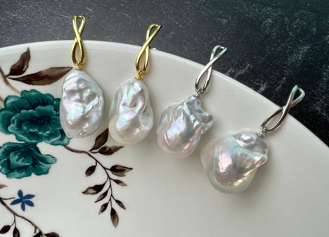 One Pair 15-17x20-24mm Natural White Large Baroque Pearl Earring With 925 Sterling Silver/Gold Studs Genuine Baroque Pearl Earring #10274-B
