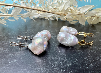 One Pair 15-17x20-24mm Natural White Large Baroque Pearl Earring With 925 Sterling Silver/Gold Studs Genuine Baroque Pearl Earring #10274-B