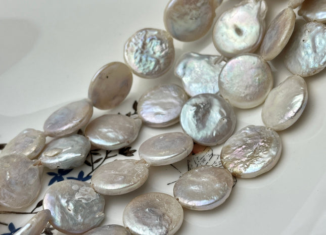 19-24 mm Large Hole Jumbo Coin White Freshwater Pearls Genuine Freshwater Coin Pearl Beads Hole Size 2.0mm 8 Inches Strand #P2232