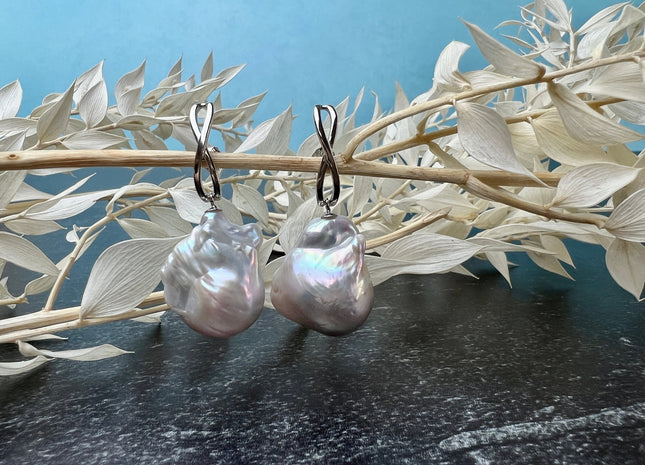 One Pair 15-17x20-24mm Natural White Large Baroque Pearl Earring With 925 Sterling Silver/Gold Studs Genuine Baroque Pearl Earring #10274-B