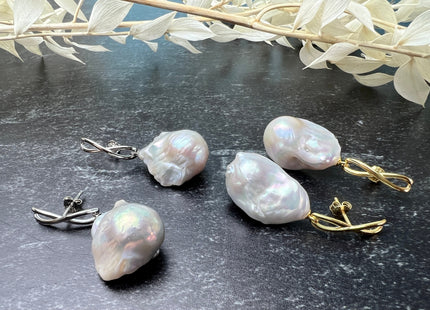 One Pair 15-17x20-24mm Natural White Large Baroque Pearl Earring With 925 Sterling Silver/Gold Studs Genuine Baroque Pearl Earring #10274-B