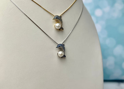 6 mm AAAAA Natural White Round Edison Genuine Freshwater Pearl Pendant 925 Sterling Silver/Gold Filled Blue Dolphin DIY Jewelry #10280-B