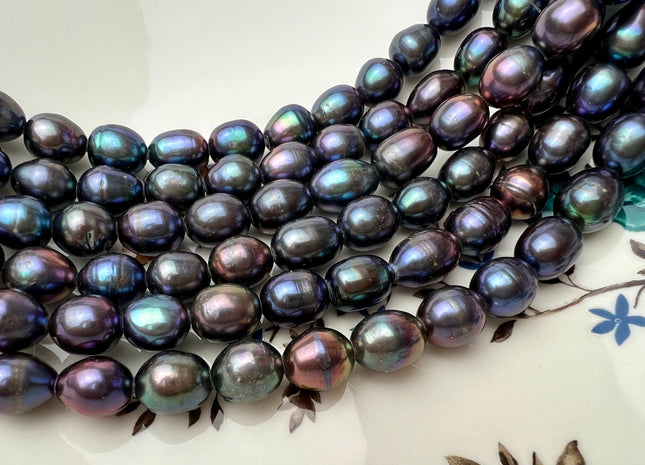 11x13-14mm AA Blue Rainbow Peacock Large Hole Half Strand Freshwater Oval Rice Shape Pearl Beads Hole Size 2.2mm 15 Beads #P2300