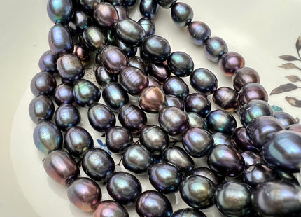 11x13-14mm AA Blue Rainbow Peacock Large Hole Half Strand Freshwater Oval Rice Shape Pearl Beads Hole Size 2.2mm 15 Beads #P2300