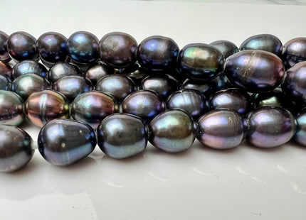 11x13-14mm AA Blue Rainbow Peacock Large Hole Half Strand Freshwater Oval Rice Shape Pearl Beads Hole Size 2.2mm 15 Beads #P2300