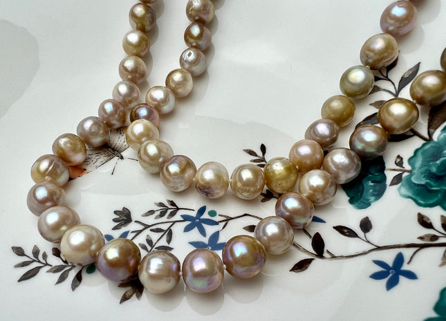 18/20/22/24/26/28 Inches Hand Knotted 10mm Natural Gold Champagne Color Freshwater Potato Pearl Necklace W/ Silver Gold Filled Clasp #P2269