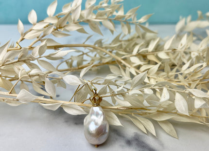 One-Of-A-Kind 13-18mm AAA Very Rare Natural White Genuine Baroque Pearl Pendant Gold Filled Crown Shape Design #10371-C