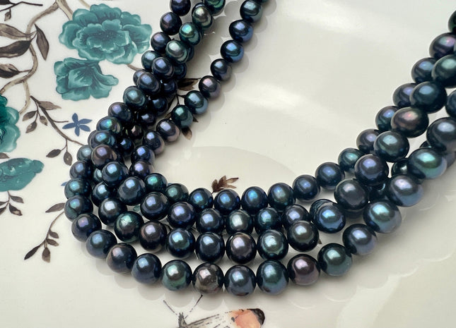 8 mm AAA Dark Blue Peacock Color Potato Freshwater Pearl Beads Genuine Cultured Freshwater Peacock Colored Pearls 53 Pieces #P2259