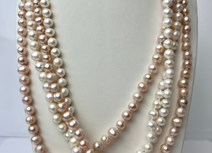 40 Inches Hand Knotted 7-8 mm Potato Natural White Or Pink Freshwater Pearl Necklaces Long Pearl Necklace #1663