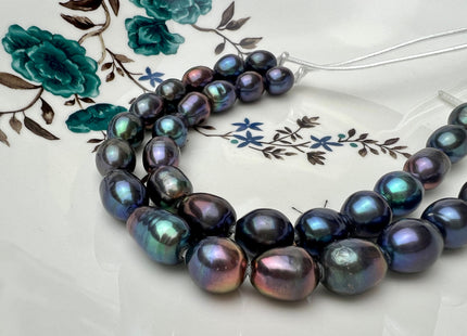 11x13-14mm AA Blue Rainbow Peacock Large Hole Half Strand Freshwater Oval Rice Shape Pearl Beads Hole Size 2.2mm 15 Beads #P2300