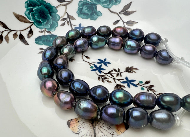 11x13-14mm AA Blue Rainbow Peacock Large Hole Half Strand Freshwater Oval Rice Shape Pearl Beads Hole Size 2.2mm 15 Beads #P2300