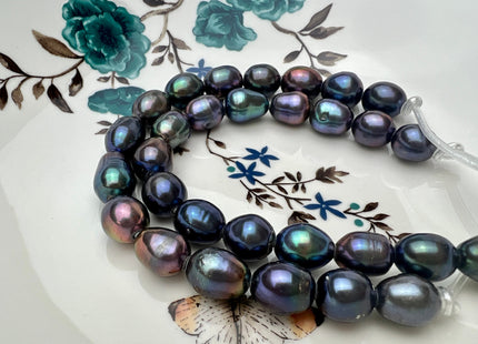 11x13-14mm AA Blue Rainbow Peacock Large Hole Half Strand Freshwater Oval Rice Shape Pearl Beads Hole Size 2.2mm 15 Beads #P2300