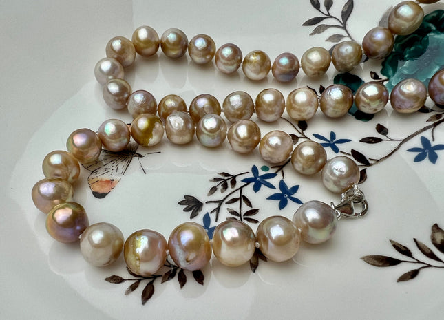 18/20/22/24/26/28 Inches Hand Knotted 10mm Natural Gold Champagne Color Freshwater Potato Pearl Necklace W/ Silver Gold Filled Clasp #P2269