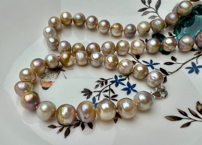 18/20/22/24/26/28 Inches Hand Knotted 10mm Natural Gold Champagne Color Freshwater Potato Pearl Necklace W/ Silver Gold Filled Clasp #P2269