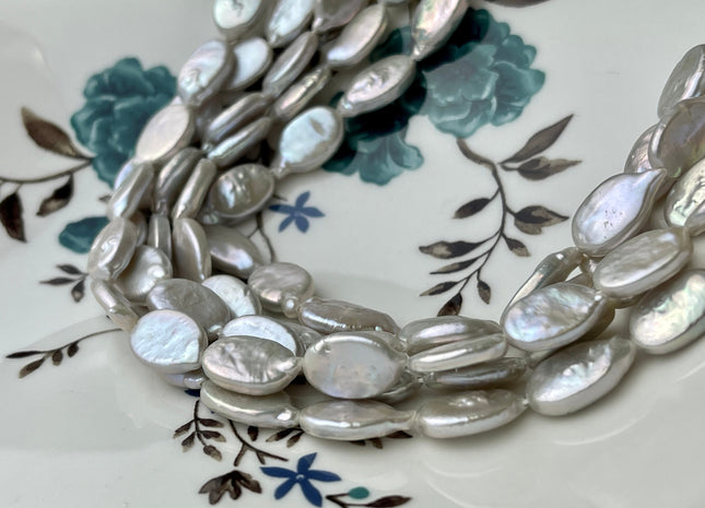10x15 mm AA Silver Gray Freshwater Oval Coin Pearls Cultured Genuine Coin Pearl High Luster Gray Oval Coin Pearl Beads. #1238