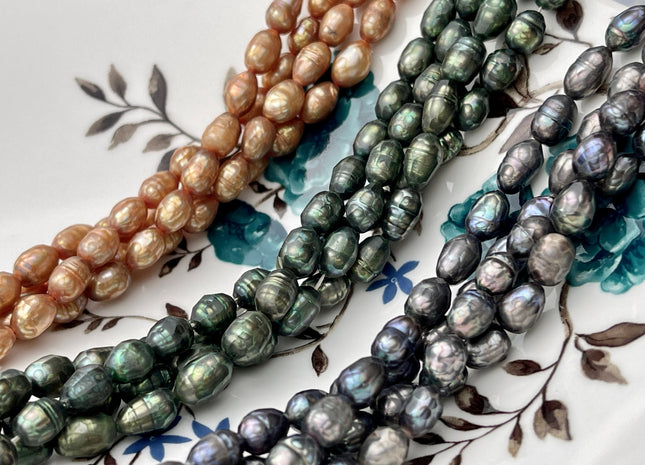 6-7x8-9 mm Faceted Rice / Oval Freshwater Pearl Beads Peacock OR Olive Green, Genuine Faceted Cultured Rice Pearl Beads #366
