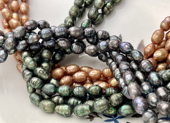 6-7x8-9 mm Faceted Rice / Oval Freshwater Pearl Beads Peacock OR Olive Green, Genuine Faceted Cultured Rice Pearl Beads #366