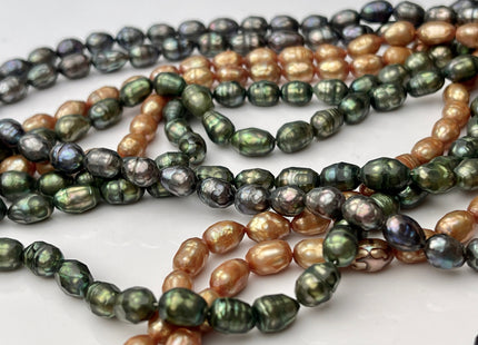 6-7x8-9 mm Faceted Rice / Oval Freshwater Pearl Beads Peacock OR Olive Green, Genuine Faceted Cultured Rice Pearl Beads #366