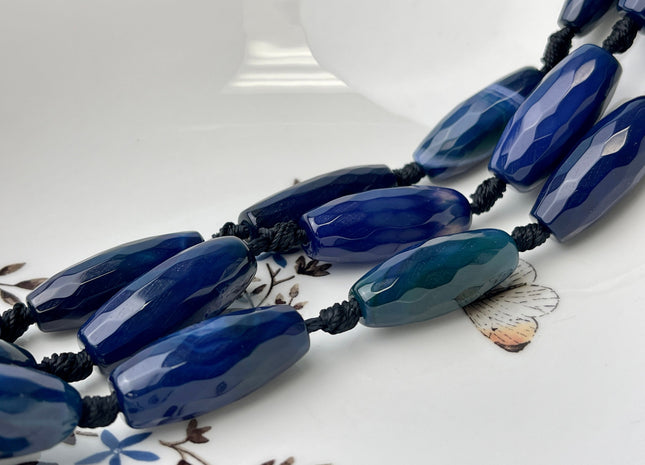 10-12x30 mm Long Barrel Shape Faceted Agate Gemstone Beads Genuine Dark Blue Color Gemstones Loose Beads 16 Inches Strand #4266
