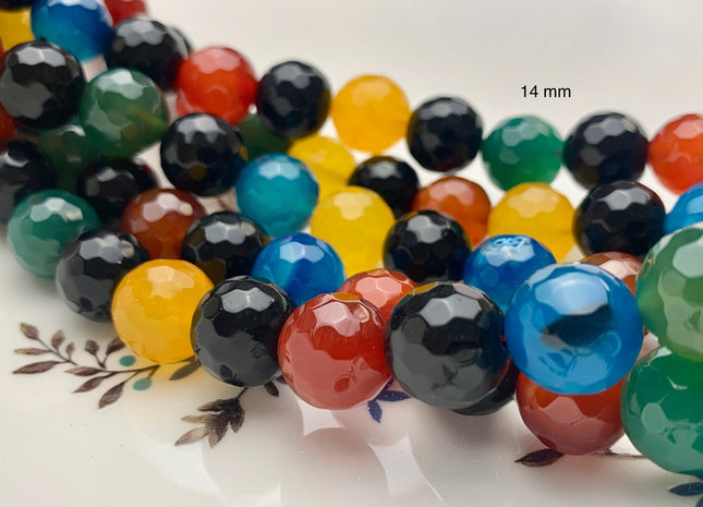 14mm 16mm Faceted Round Fire Agate Gemstone Beads Heat Treated Mixed Yellow Blue Green Black Carnelian Color 15.5 Inches Strand #2871