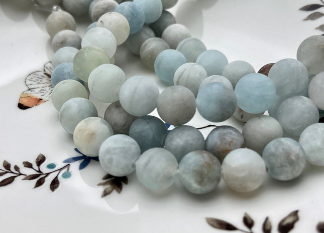 10 mm Large Hole Half Strand Matte Finished Round Natural Aquamarine Gemstones Natural Multi Blue Color Aquamarine Gemstone Beads #4023