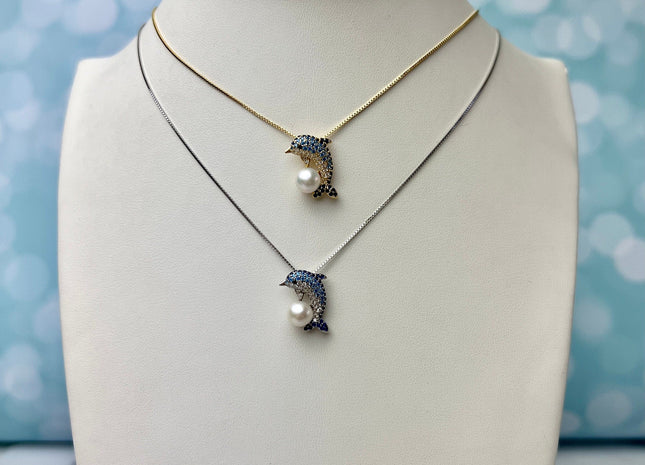 6 mm AAAAA Natural White Round Edison Genuine Freshwater Pearl Pendant 925 Sterling Silver/Gold Filled Blue Dolphin DIY Jewelry #10280-B