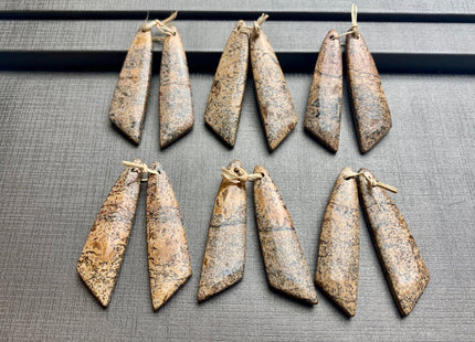 One Pair 12x45 mm Natural Picture Jasper Top Drilled Freeform Cabochon Long Drop Matching Picture Jasper Gemstone Earring Pendant #3318-C