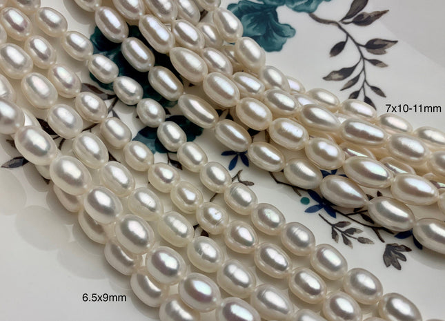 6.5-7x9-11 mm AAA Natural White Long Oval/Rice Freshwater Pearl Genuine High Luster Long Smooth Quality Pearls Bridal Pearls #P1612
