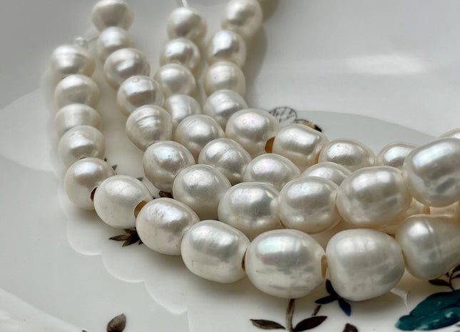 10x11-13x15 mm Half Strand Large Hole Natural White Rice/Oval Freshwater Pearl Beads Hole Size 4.0 mm Genuine Large Hole Pearls #1745