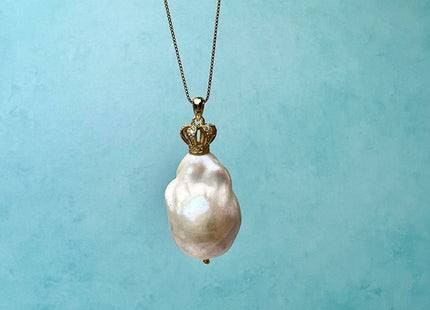 One-Of-A-Kind 13-18mm AAA Very Rare Natural White Genuine Baroque Pearl Pendant Gold Filled Crown Shape Design #10371-C